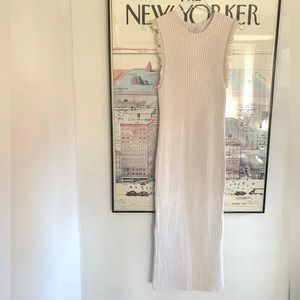 Joie cream knit ribbed maxi dress with side slits and frayed sleeve edge size XL